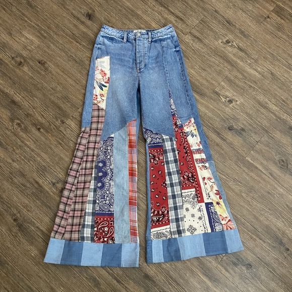 We The Free People Cortez Pieced Bandana Patchwork Flare Bell Bottom Jeans Sz 27